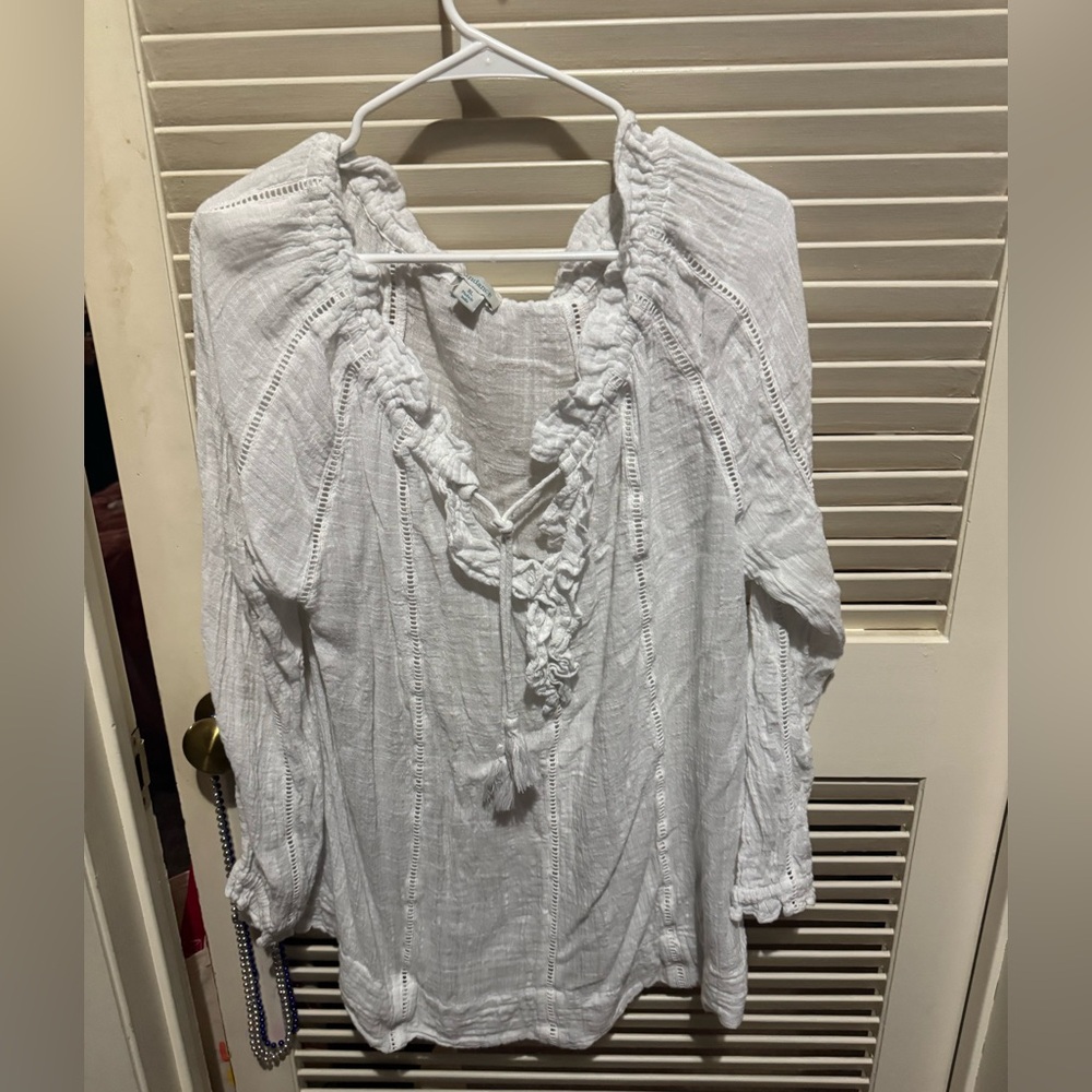Sundance Ivory Textured Blouse, XL, flowy boho, long sleeves, tie in front